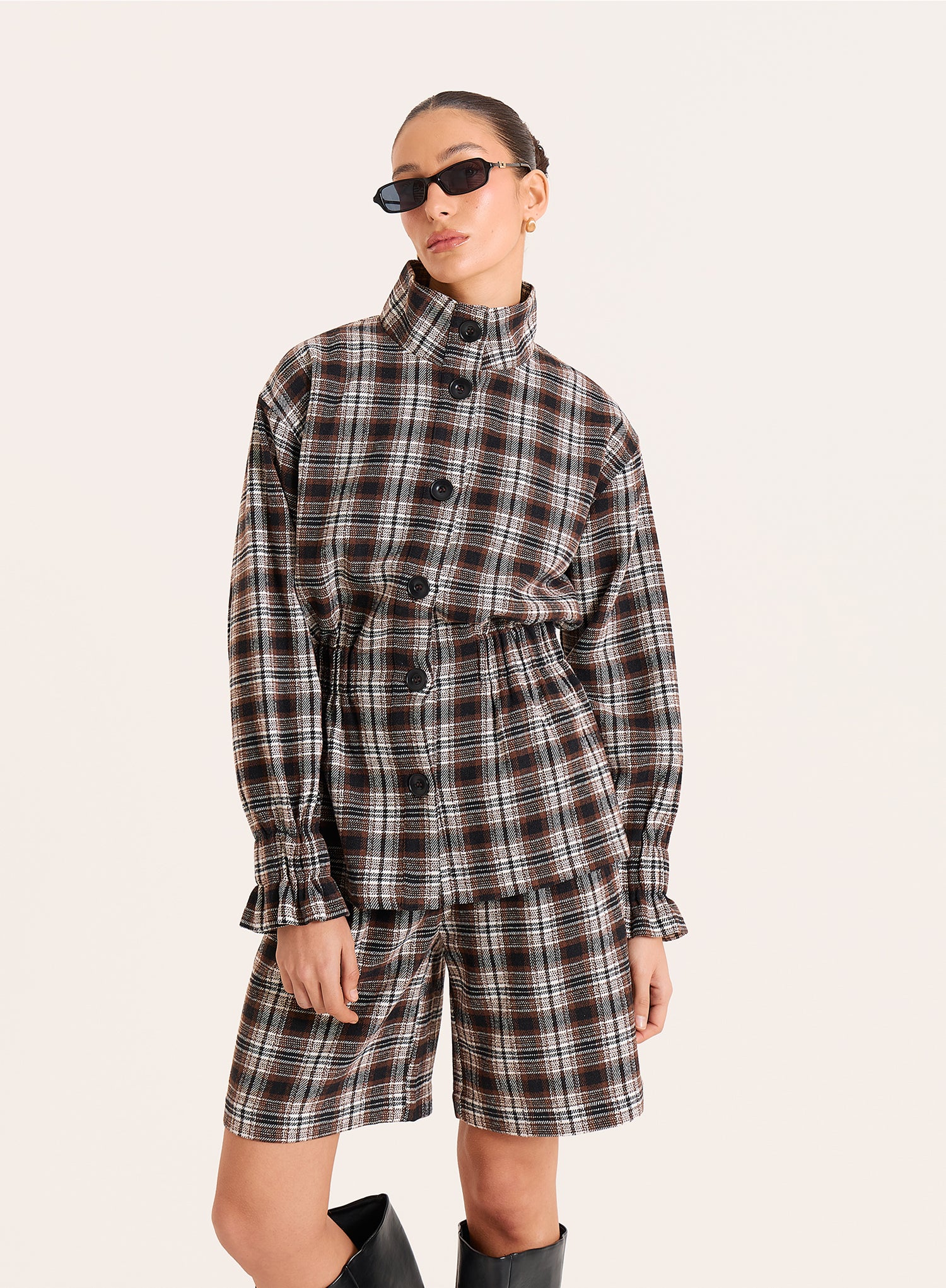 Brown Check Funnel Neck Cinched Waist Jacket